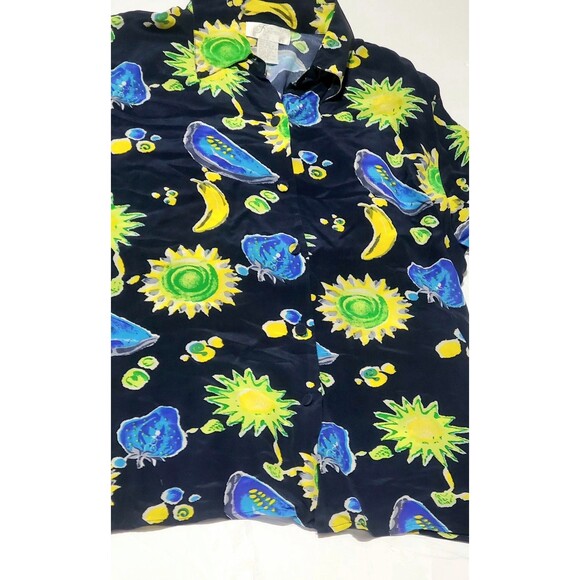 Silk Tropical Print Silk Shirt L Short Sleeve Button Front Resort Vibe SoftGirl - Picture 5 of 9